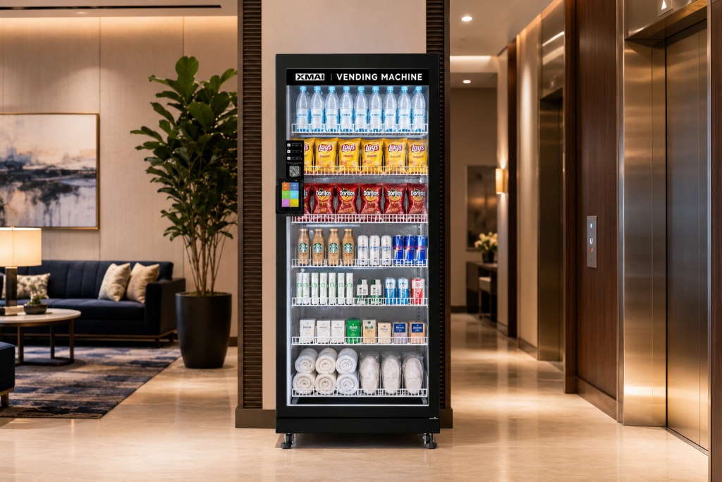 XMAI smart vending machine in a modern hotel lobby