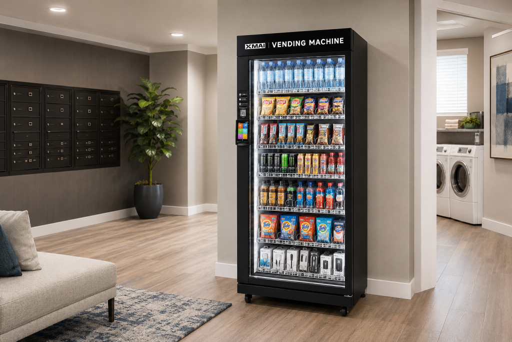 XMAI Smart Vending Machine in Apartment Common Area XMAI smart vending machine placed in an apartment common area