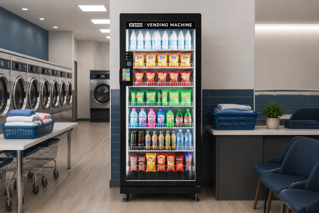 XMAI smart vending machine placed inside a modern laundromat
